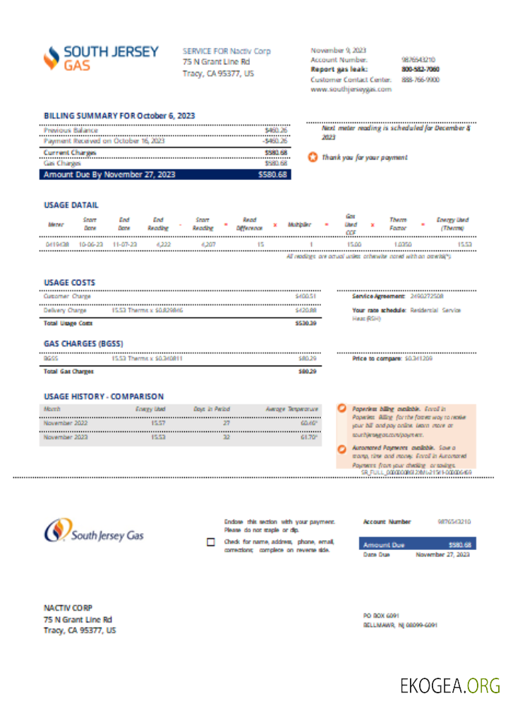 Facture commerciale du service public de gaz du New Jersey, SCR